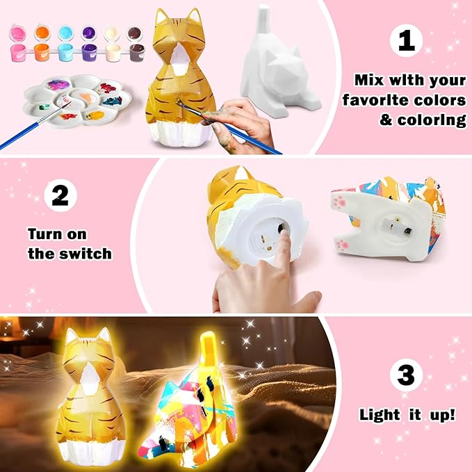 FUNZBO 2pcs Paint Your Own Cat Lamp Kit - Arts and Crafts Supplies Kitten Painting Kits for Kid Teen, DIY Night Light Toy for Toddlers Girl Boy Age 3 4 5 6 7 8 9 10 11 12 13 + Christmas Birthday Gifts