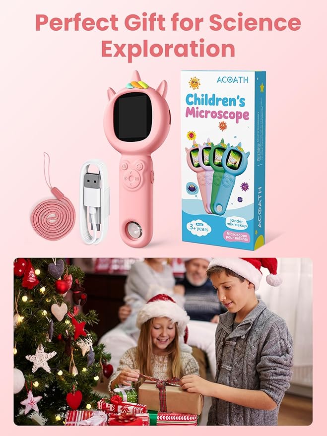 Microscope for Kids, Auto-Focus Handheld Digital Microscopes with 2.0" Screen, 8 LEDs Rechargeable Pocket Mini Microscope Christmas Gifts Educational Science Toys for Ages 5 6 7 8 9 10 11 12