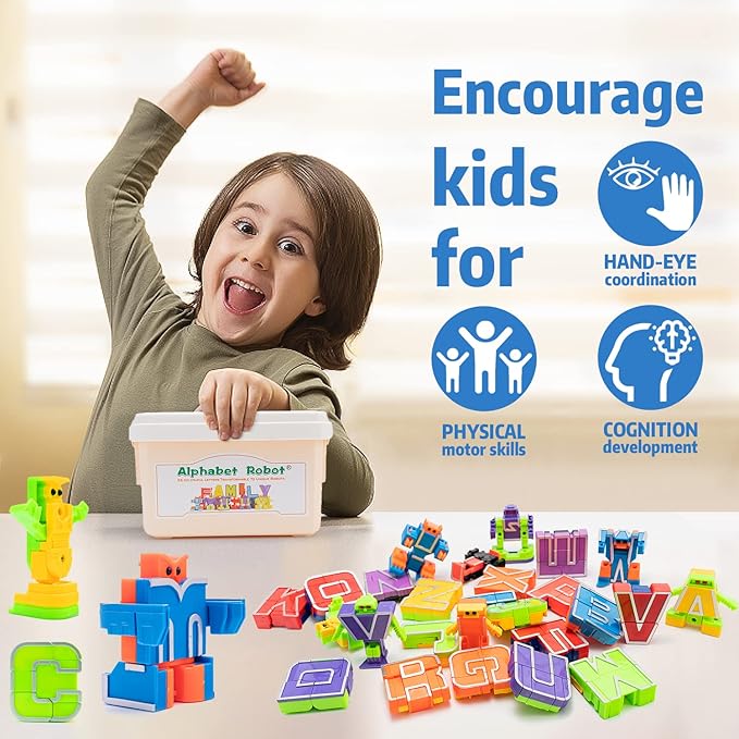 26 Pieces Alphabet Robots for Kids Alphabet Learning Toys, Alphabots Transform Letters for Educational ABC Learning Toys for Kids Ages 3-5, Carnival Prizes, Classroom Rewards, Toddler Birthday Gift