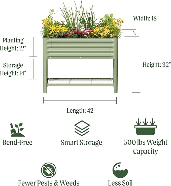 Elevated Raised Garden Bed- Slim Series, 1.5' x 3.5' Outdoor Planters Boxes with Legs & Storage Rack for Patio, 500 Lbs Weight Capacity, Raised Beds for Gardening Herbs Vegetables Flowers, Pearl White