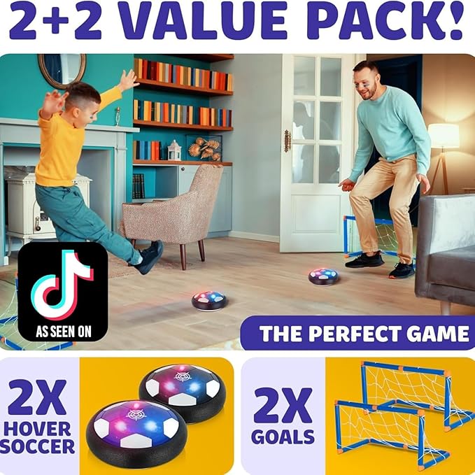 Hover Soccer Ball - Indoor Soccer Ball, Indoor Flying Toy Games (2 Floating Disk + 2 Goals) Boy Birthday Gifts, Indoor Silent Game | 4 in 1 Pack