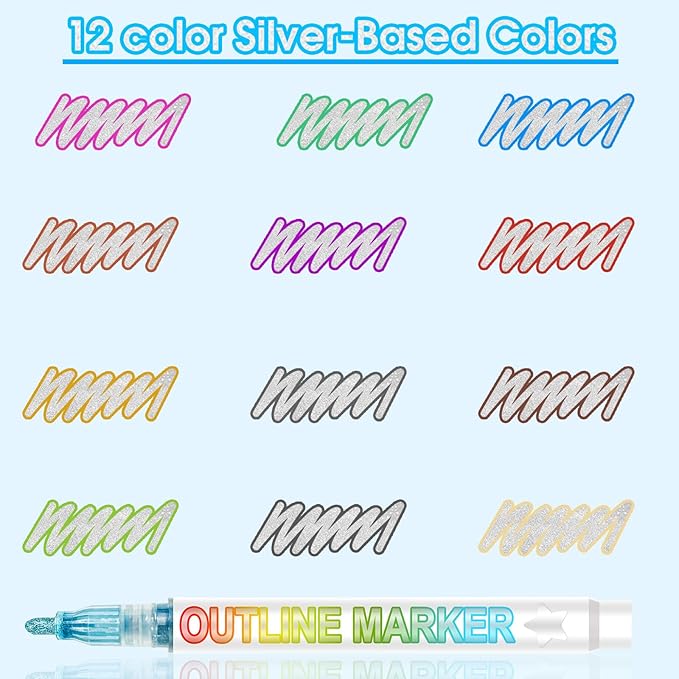 Double Line Outline Markers, 12 Colors Glitter Metallic Outline Markers Set, Stocking Stuffers for Kids Teens Girls, Gifts for 4-12 Year Old Girls, Christmas Gifts for Teenagers