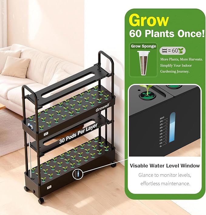 Hydroponics Growing System Kit, 60 Pods, Large Vertical Hydroponic Garden, 32L Indoor Gardening System for Herb Vegetable Fruit, with 2 Light Modes, Auto Circulating Water System