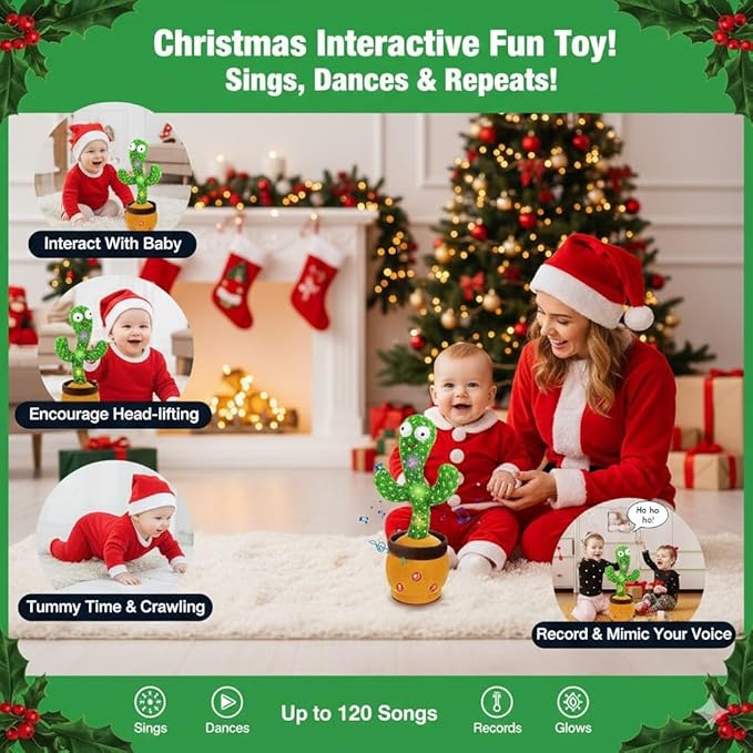 Ayeboovi Dancing Talking Cactus Baby Toys, Interactive Toy Repeating Records What You Say, Volume Adjustable Singing Cactus Toddler Toys with 120 Songs, Stocking Stuffers for Kids