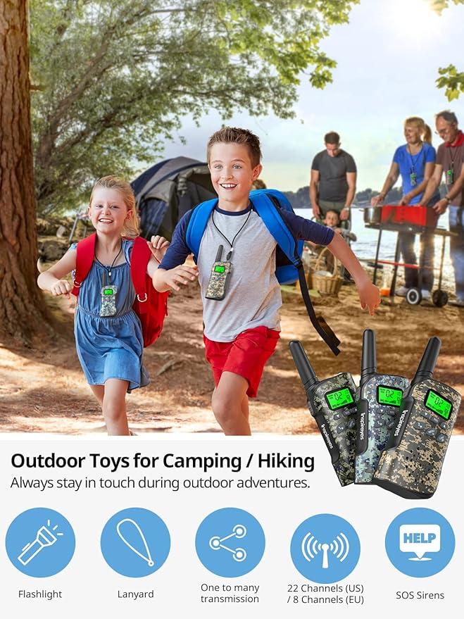 Walkie Talkies for Kids Rechargeable,Toys for Boys and Girls Ages 3-12, 2 Pack Long Range 2-Way Radios, Birthday Gifts,Christmas Stockings, Outdoor Play, Family Games, Hiking Camping Gear