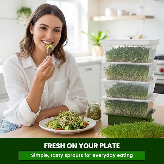 2026 Upgraded 4-Tier Stackable Seed Sprouter with Air Holes & Easy Sink-Draining Spout Tray – Soil-Free Sprouting System for Broccoli, Alfalfa & Bean Sprouts.
