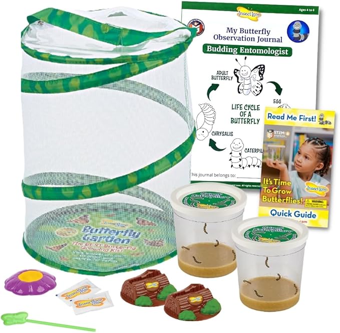 Insect Lore Life Cycle Lessons Bundle | Butterfly Kit with 2 Cups Live Caterpillars | Ladybug Land with 2 Tubes Live Ladybug Larvae | Reusable Habitats, 2 STEM Journals & More