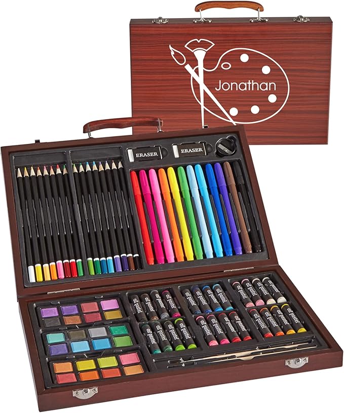 Let's Make Memories Personalized 80-Piece Deluxe Art Set - for Kids - Wood Carrying Case - Oil Crayons, Colored Pencils, Watercolors - Arts & Crafts - Add a Name - Palette