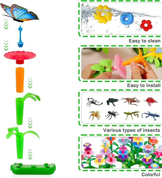 Toys Gifts for 2 3 4 5 6 Years Old Toddler Girls Boys, 156 PCS Insect Flower Garden Building Educational STEM Learning Pretend Play Gardening Set, Christmas Birthday Gifts for Preschool Kids Age 2+