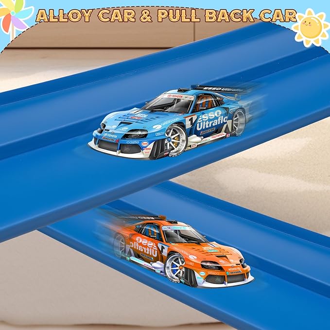Flex Track 15 Ft Starter Set, Flexible Race Car Ramp Track for Ages 3 & Up with Suction Cups Compatible with Diecast 1/64th Cars (Blue)