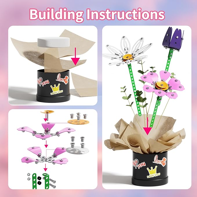 Metal Flower Bouquet Kit, Flowers Garden Building Set Toys for Kids Ages 8-12, STEM Project Building Toy with Storage Box, Birthday for Girls 8 9 10 11 Years Old