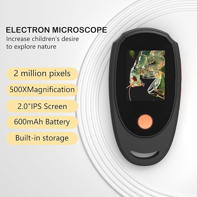 Handheld Digital Microscope with 2.0 Inch IPS Color Screen, Portable Magnifying Glass for Kids, 500x Magnification, 8 Adjustable 3-Level LED Lights, USB Compatible with PC Windows and Mac OS