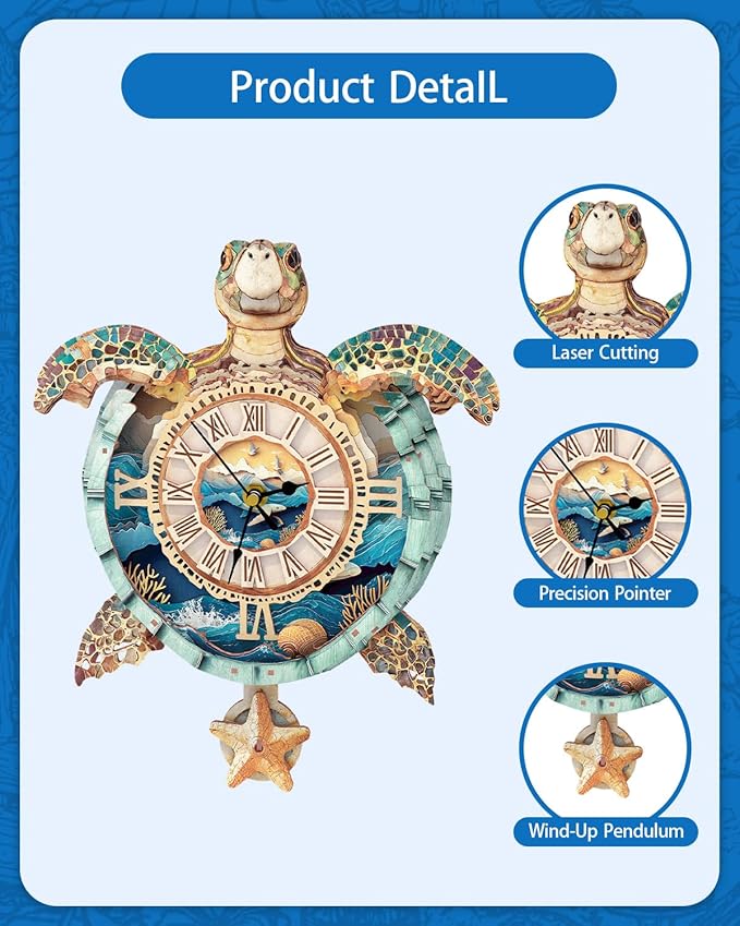 3D Puzzles for Adults, 3D Puzzle Sea Turtle Clock Kit (with Pendulum), Wooden Puzzles for Adults Home Wall Decor Clock Christmas Day Puzzle Gifts for Women Men