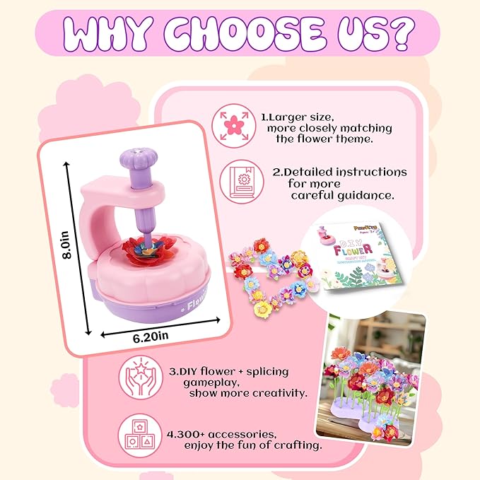 PERRYHOME Fabric Flower Bouquets Toys, 300+ Pcs DIY Flower Making Kit, 2 Gameplays Educational Arts & Crafts for Kids, Reusable Bouquets Maker Birthday Gift for 3 4 5 6 7 8 Years Toddler Girl