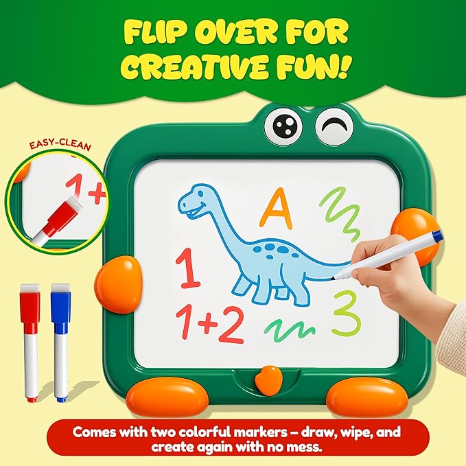 2 in 1 Dinosaur Magnetic Puzzle Board and Drawing Board for Toddlers, Montessori Quiet Travel Toy with 39 Puzzles & 2 Markers - Educational Writing Game for Preschoolers Kids Ages 3-8