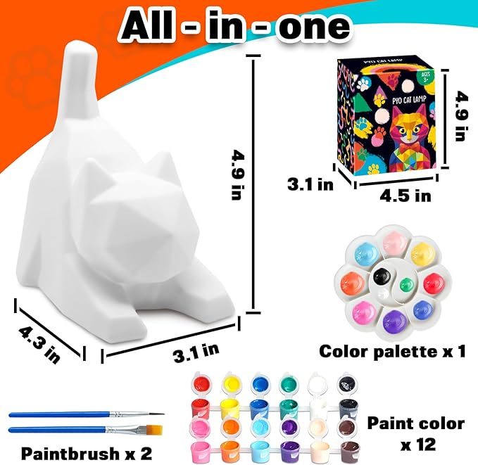 FUNZBO 4.3in Paint Your Own Cat Lamp Kit - Arts and Crafts Supplies Painting Set for Kids Teens, DIY Night Light Toy for Toddlers Girls Boys Age 3 4 5 6 7 8 9 10 11 12 13 + Christmas Birthday Gifts