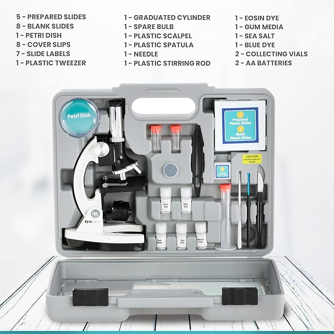 AMSCOPE-Kids 120X-1200X White Metal Arm Starter Kids Student Microscope Kit with Water Purification Activity Kit and Experiment Cards - M30-ABS-KT2-W-KVB1