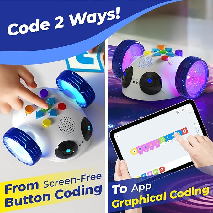 Coding Robot Toys for Kids Ages 5+, STEM Robot Toy Kit with Wheels and Play Cards, Screen Free Remote Control Programming Interactive Toy for Boys and Girls Ages 5-8