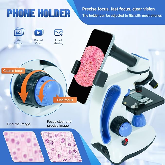Microscope for Kids stedunts, 40X-2000X Magnification, 3 eyepieces LED Light with Microscope Slides, Phone Adapter,Kit for Home School