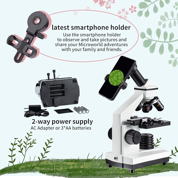 MAXLAPTER Microscope Kit for Kids 8-12 with Prepared Slides, 100-1000X Professional Compound Microscope for Kids Students with Mechanical Stage, Optical Glass Lenses, 10 Slides, Filter, Phone Adapter