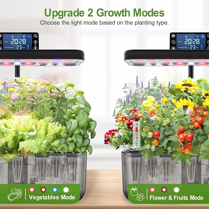 Hydroponic Growing System Kit with Operation Screen + 3 Free Seeds (Lettuce, Salad Mixed, Basil), 12 Pods Indoor Smart Gardening Herb Planter, 24W Full Spectrum LED Grow Light Growing System (Black)