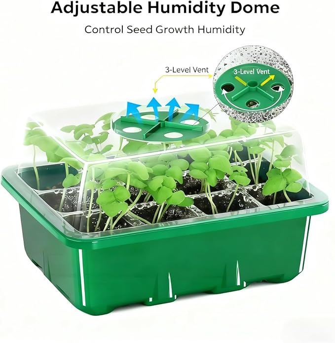 Seed Starter Kit with Grow Lights, 48 Cells Total (4 Trays of 12), Full Spectrum Mini Greenhouse for Indoor Plant Germination, Green