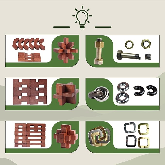 12pcs Puzzles Toys Wooden Metal Brain Teaser Puzzles Game for Adults Kids Desk Toy Lock Puzzles Gift for Teens
