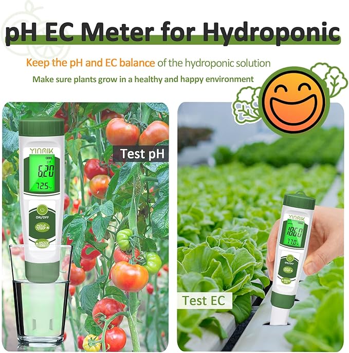 YINMIK pH EC Meter for Water Hydroponics, PPM Meter for Nutrients, Measure pH PPM Conductivity Temperature of Hydroponic Garden Water and Nutrient Solution, EC pH TDS Meter for Water, Aquarium, Pool