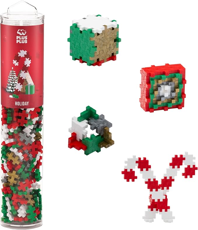 PLUS PLUS 240 Piece Interlocking Building Blocks for Kids, Open Ended Connecting Toys, Stem Bin Classroom Mini Manipulatives - Holiday Mix Play Tube