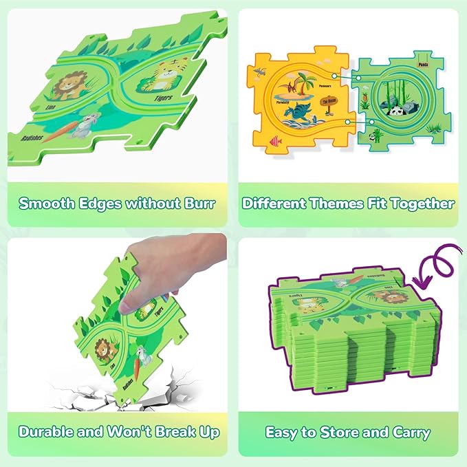 Plastic Floor Puzzles for Kids Ages 3-5 with 2 Cute Vehicles, Race Tracks for Kids 3-5, Puzzle Racer Kids Car Track Set, Toys for 3 4 5 6 Year Old Boys Girls, STEM Toys for Kids