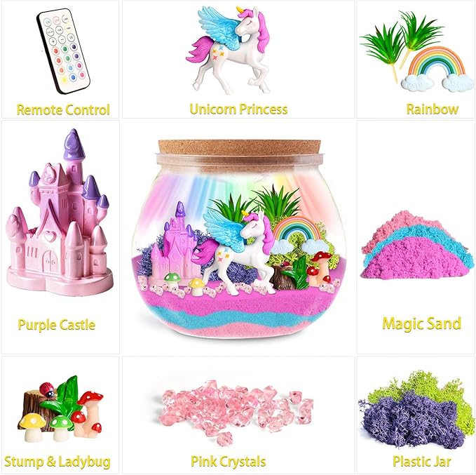 Unicorn Light-Up Terrarium Children's Craft Kit -LED Night Light Decorative Strip Remote Control, Birthday Gift for girls aged 4, 5, 6, 7, 8 - 12 Unicorn Children's Girl Gift, DIY art for children