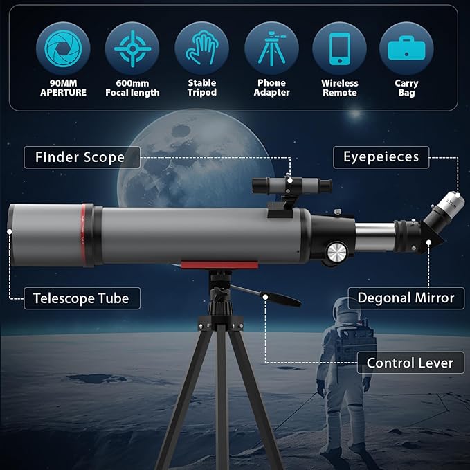 Telescope for Adults High Powered - 90mm Aperture 600mm Refractor Telescope for Kids & Beginners - Portable Astronomy Telescopes Profesional with Phone Adapter Tripod Carry Bag