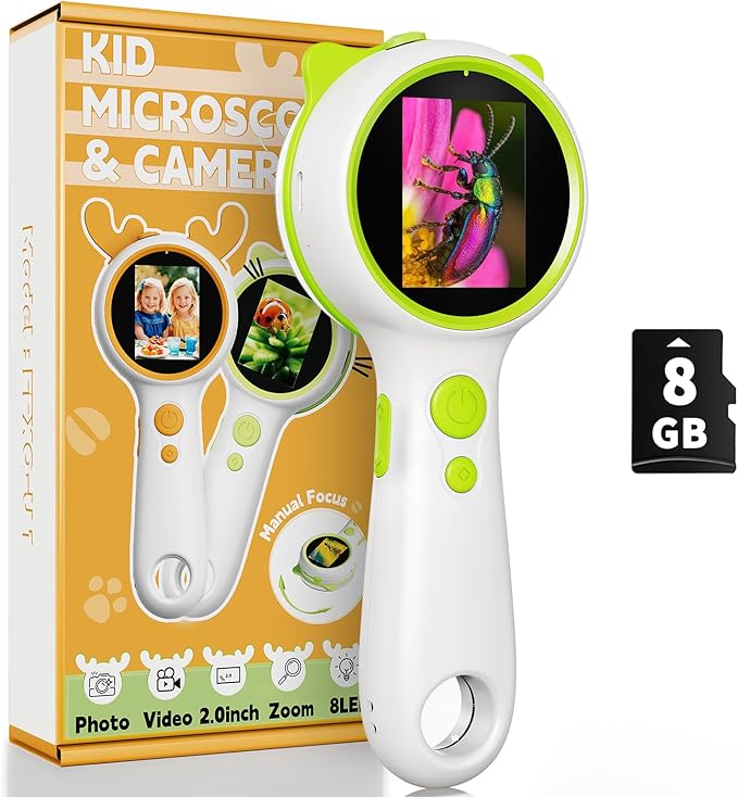 3-in-1 Microscope Camera for Kids, 2" LCD, 600X, Adjustable Focus, Mini Handheld with Handle Magnifying Glass, USB Rechargeable, STEM Kit, Birthday for Ages 3-12 Boys Girls