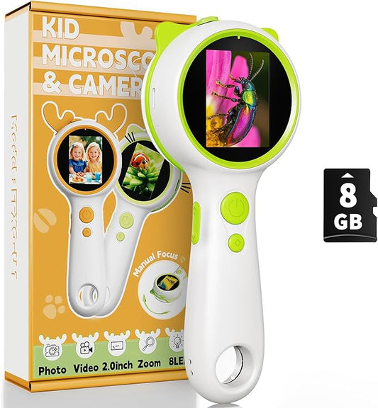 3-in-1 Microscope Camera for Kids, 2" LCD, 600X, Adjustable Focus, Mini Handheld with Handle Magnifying Glass, USB Rechargeable, STEM Kit, Birthday for Ages 3-12 Boys Girls