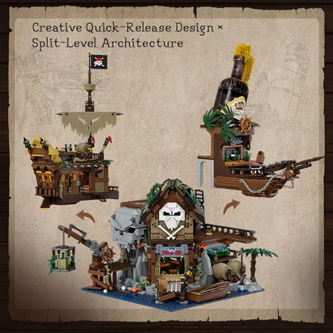 PANTASY Pirate Pub Building Kit – Modular Shipwreck Tavern Architecture Deck with Terrace Bar, Rum Bottle & Pirate Figures – Creative Nautical Display Set for Adults and Collectors