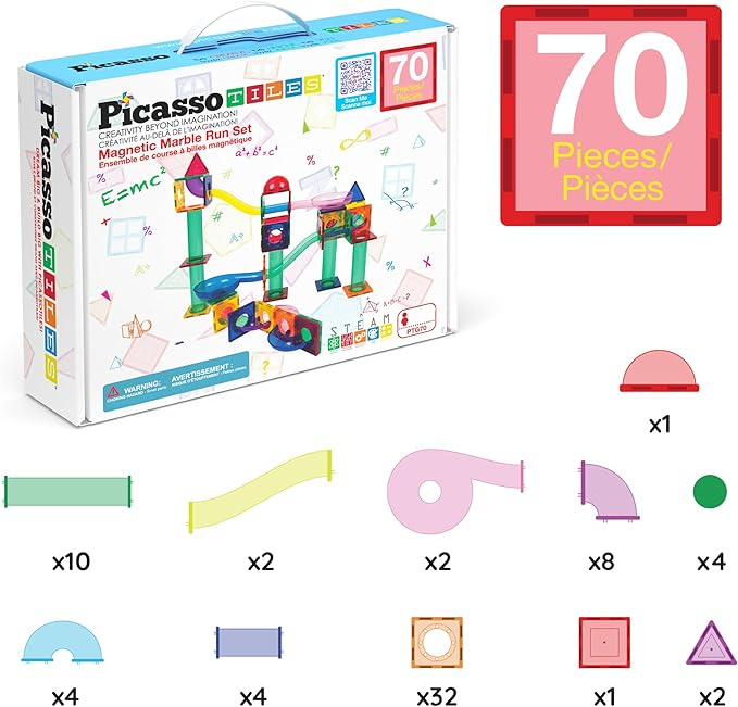 PicassoTiles 70pc Marble Run Magnetic Tiles STEM Set for Kids Ages 3 and Older Magnet Tile Marbles Maze Building Blocks Brain Development Toy Preschool Educational Learning Construction Playset PTG70