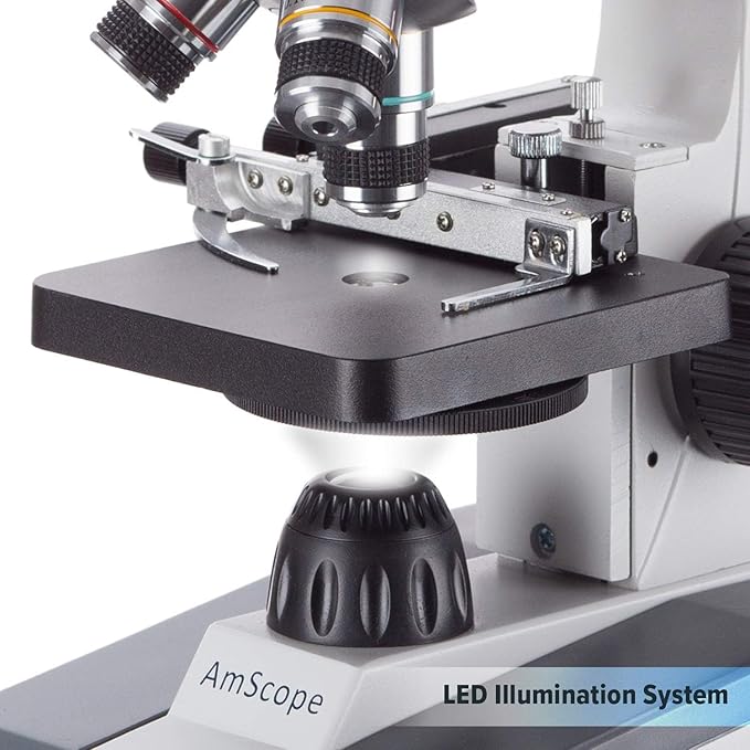 AmScope M150C-E-A 40X-1000X LED Cordless All-Metal Framework Full-Glass Optical Lens Student Compound Microscope with Coarse & Fine Focusing + Digital Camera USB Imager