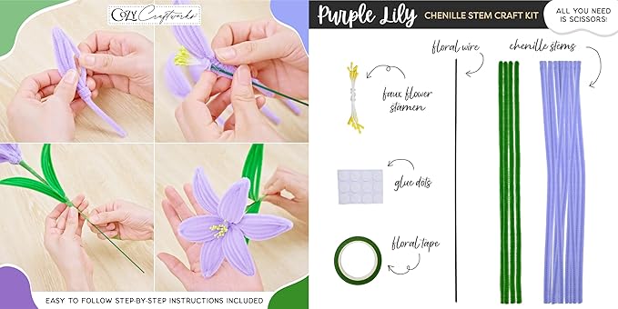 WeVeel Cozy Craftworks Chenille Stem Flower Craft Kit for Adults – Create 6 Colorful Blooms (Lily, Rose, Calla Lily, Tulip, Gerbera & Daisy) – Relaxing DIY Arts & Crafts Kit with All Supplies