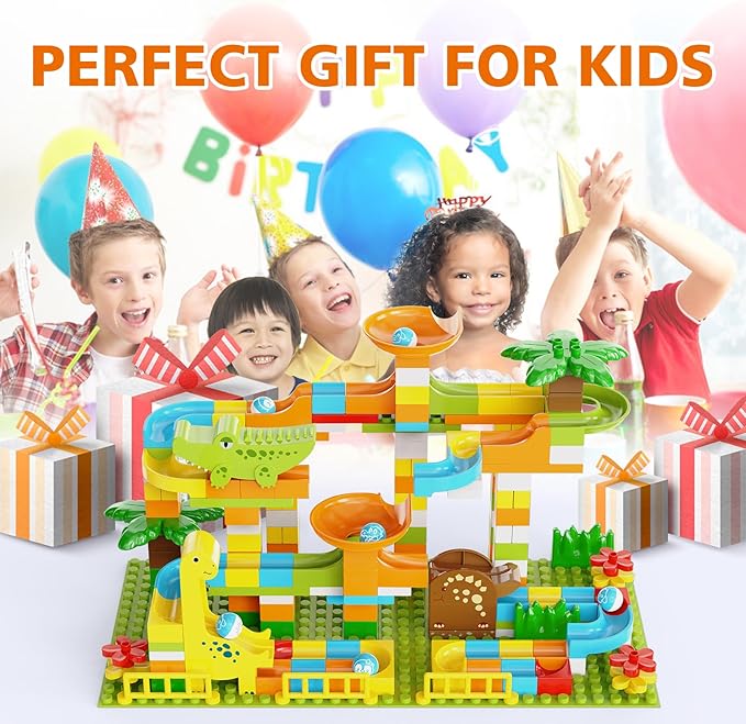 JIXIn Dinosaur Marble Runs for Kids 4-8 Building Blocks 187Pcs Compatible with Lego DUPLOS for Age 2-5 - Marble Run for Kids Ages 3-5 - Montessori Toys - STEM Toys - Fun Dinosaur Toys for Kid Ages 3+