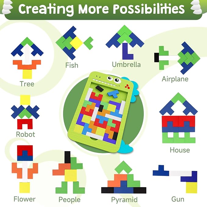 40 Pcs Wooden Blocks Puzzles, Jigsaw Puzzles, Wooden Brain Teaser IQ Game Toy, Educational Puzzle, Intelligent Tangram 3D Russian Blocks for 3+ Years Old Kids
