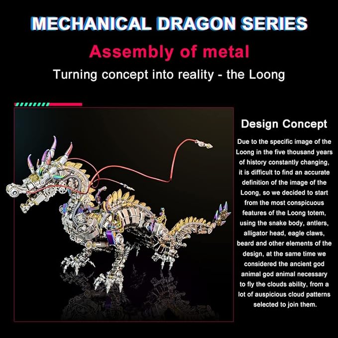 3D Metal Puzzle - Large Chinese Dragon Model Kit - Mechanical Metal Jigsaw- DIY Desk Ornament - Assembly Dinosaur Crafts Brain Teaser - Perfect for Adults