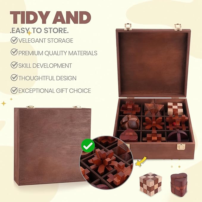 Wooden Brain Teaser Puzzles for Adults - Brain Teaser Puzzles with Wooden Box 3D Puzzle Game Toys for Adults Teens - Unlock Interlocking Puzzle Adult IQ Education Smart Toys