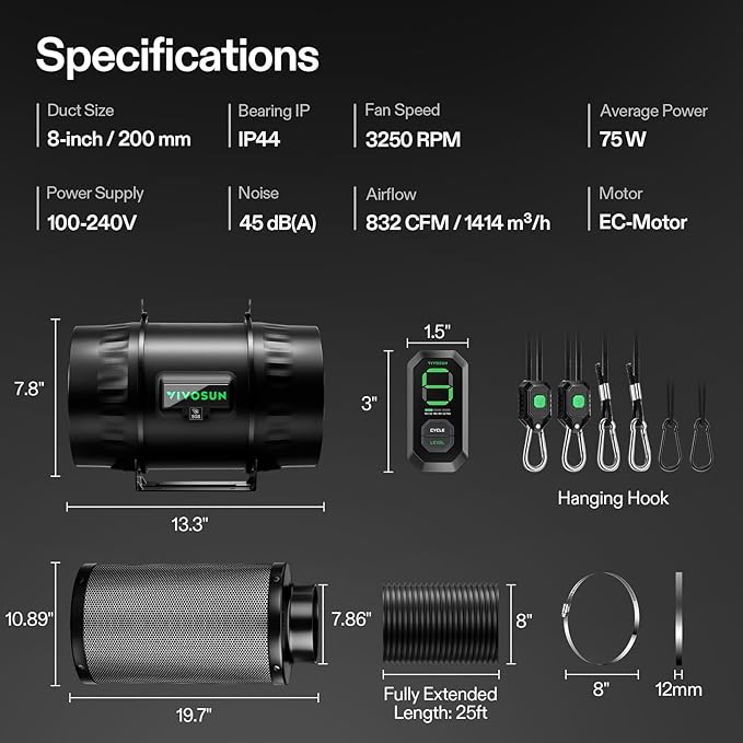 Vivosun Smart Air Filtration T8 Kit 8", AeroZesh T8 Inline Duct Fan with E12 Speed Controller, Carbon Filter & 25' Ducting, Cooling & Ventilation System for Grow Tents, Indoor Gardening, Hydroponics