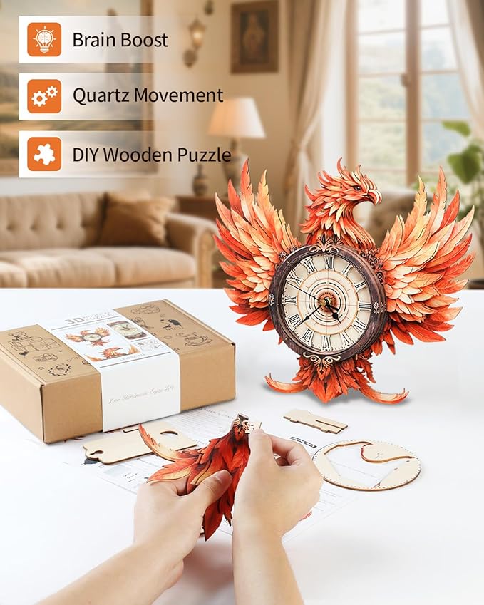 3D Wooden Puzzles for Adults, 3D Puzzle Fire Phoenix Clock Kit (with Pendulum), 3D Puzzles for Adults Teens Home Wall Decor Clock Puzzle Gifts for Adult