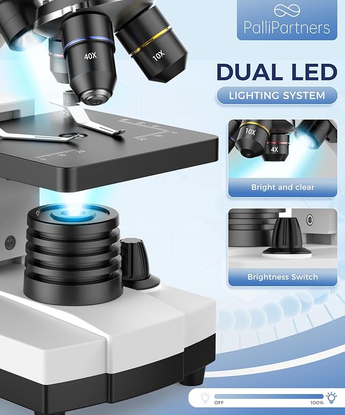 PalliPartners Compound Microscope for Adults & Students - 100X-2000X High-Power Biological Microscope for Students, School Lab & Home Education, with Slides Set & Phone Adapter (White)