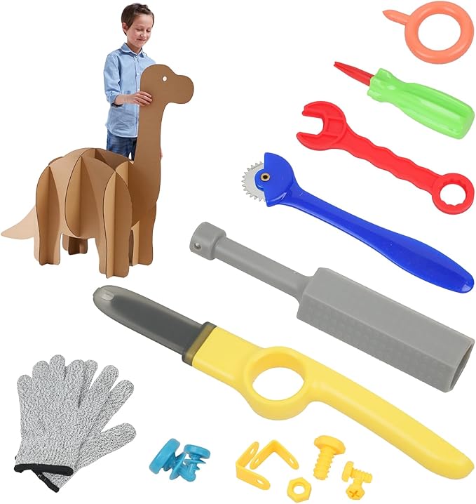 Kids Tool Set with Cardboard Cutter for Kids - 378Pcs STEM Construction Kit with Safe Saws, Fold-Roller, Gloves | Creative Building Educational Toys Gift for Boys Girls 4+