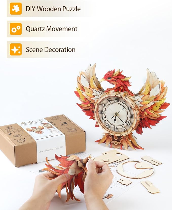 3D Wooden Puzzles for Adults, 3D Puzzle Phoenix Clock (with Pendulum), 3D Puzzles for Adults Teens Home Decor Clock Crafts for Adult Puzzle Gifts for Adult