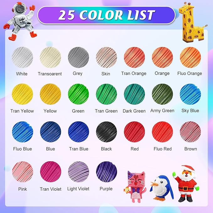 25 Colors 3D Pen PLA Filament Refills, 32.8 ft per Color Total 820 ft - 1.75 mm PLA Filament, Compatible with MYNT3D / SCRIB3D Printing Pen, Not Support for 3Doodler Pen