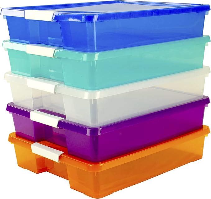 Storex Classroom Craft Project Box – Stacking Plastic Organizer Fits 12x12 Scrapbooking Paper, Assorted STEAM Colors, 5-Pack (63202C05C)
