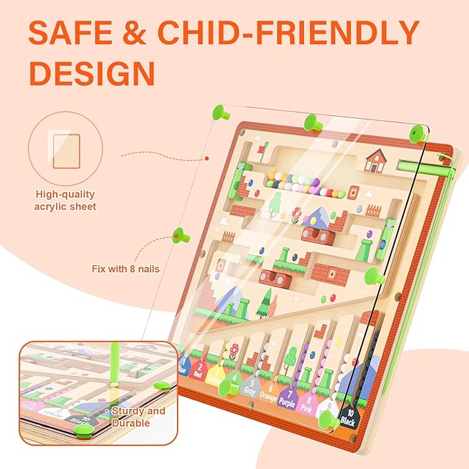 Magnetic Color and Number Maze for Montessori Toys,Wooden Matching Learning Counting Board for Toddler Ages 2-4,Toddler Fine Motor Skills Toys for Boys Girls